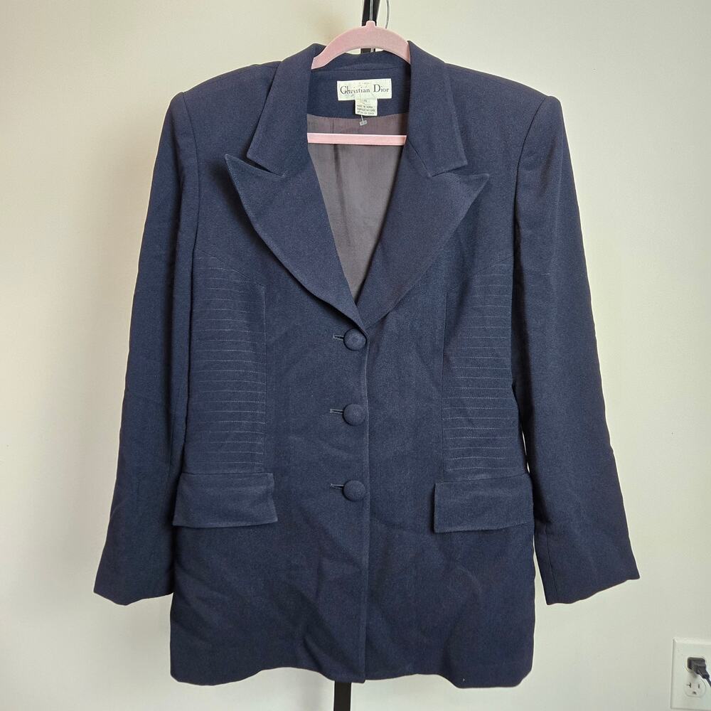 Christian‎ Dior Womens Navy Blue Skirt Suit Set Size 14 Vintage 3-Button Blazer